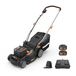 WORX WG737E акумуляторний газонокосарка Nitro 40V (2x20V) - безщітковий двигун, ширина зрізу 37 см, 6 рівнів висоти зрізу (20-70 мм), 40л травозбірник, 2x4Ah акумулятори та подвійний зарядний пристрій, без приводного колеса