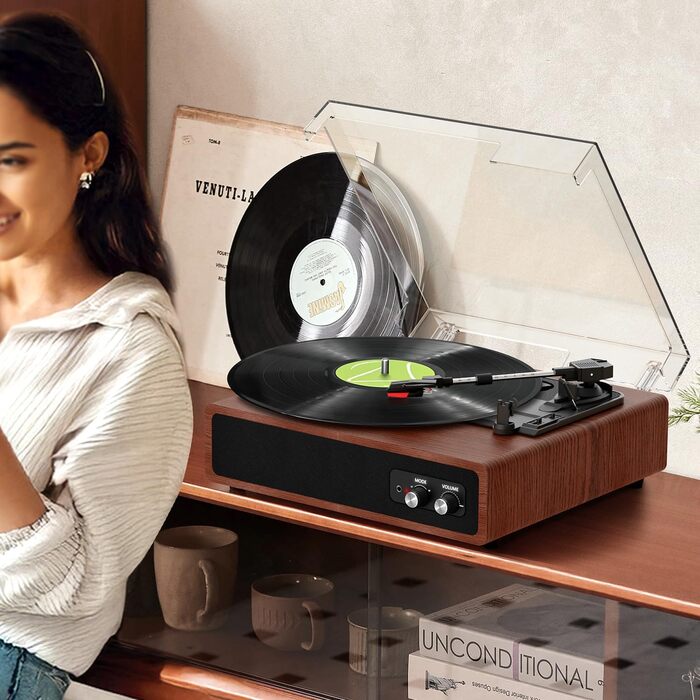 Вініловий програвач FYDEE з Bluetooth, вбудованими стерео-динаміками, ретро-дизайном, 3 швидкості (33/45/78 об/хв), RCA та AUX, каштановий