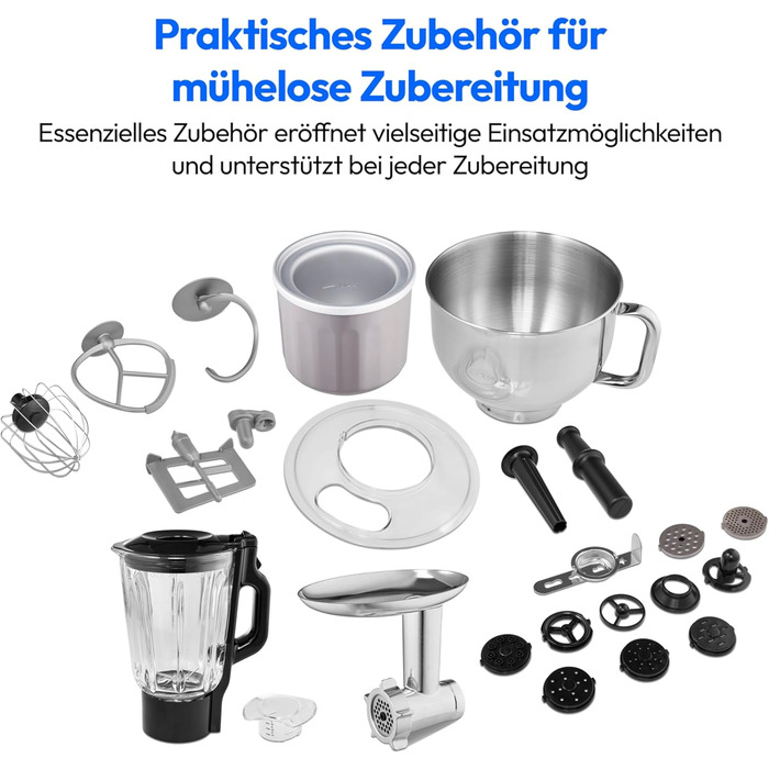 Кухонна машина MEDION MD18430: 3 в 1 (міксер, м'ясорубка, тістоміс), 5 л чаша з нержавіючої сталі, 1200 Вт, подрібнювач, нарізач, цифрова панель керування, з чашею для льоду та м'ясорубкою, з титановим ножем