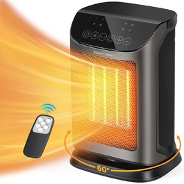 Електричний обігрівач 1800W з PTC керамічним нагрівачем, тихий з термостатом, 4 режими нагріву, таймер 12 годин, кут розхитування 60°, захист від перегріву та перекидання (чорний)