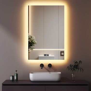 Дзеркало для ванної кімнати з підсвічуванням та годинником 50x70 см. LED дзеркало з сенсорним керуванням, 3 кольори світла, регулювання яскравості, 2470LM, стиль JB