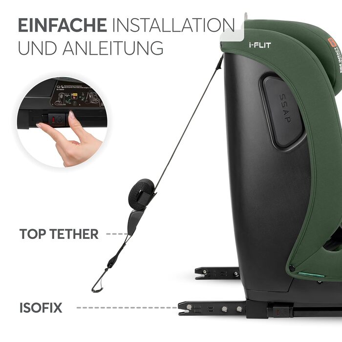 Автокрісло KikkaBoo i-Size i-FLIT 9-36 кг ISOFIX, група 1/2/3, 15 міс. - 12 років, з SPS та Top Tether, регульована підголовник, військовий зелений