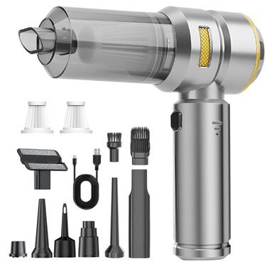 Акумуляторний ручний пилосос 4 в 1 для авто та дому, бездротовий міні-пилосос 22000Па з безщіточковим двигуном, 6000 mAh, електричний обдуватель для прибирання шерсті та пилу (Сріблясто-золотий)