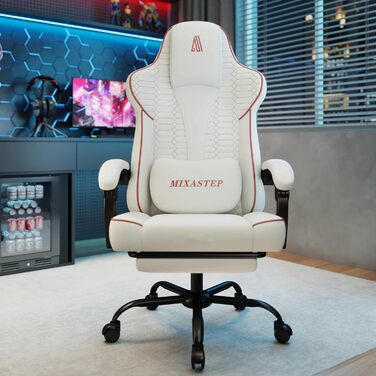 Ергономічне геймерське крісло з підніжкою, підголівником та підтримкою попереку. Регульоване геймерське крісло для дому та офісу, біло-червоне.