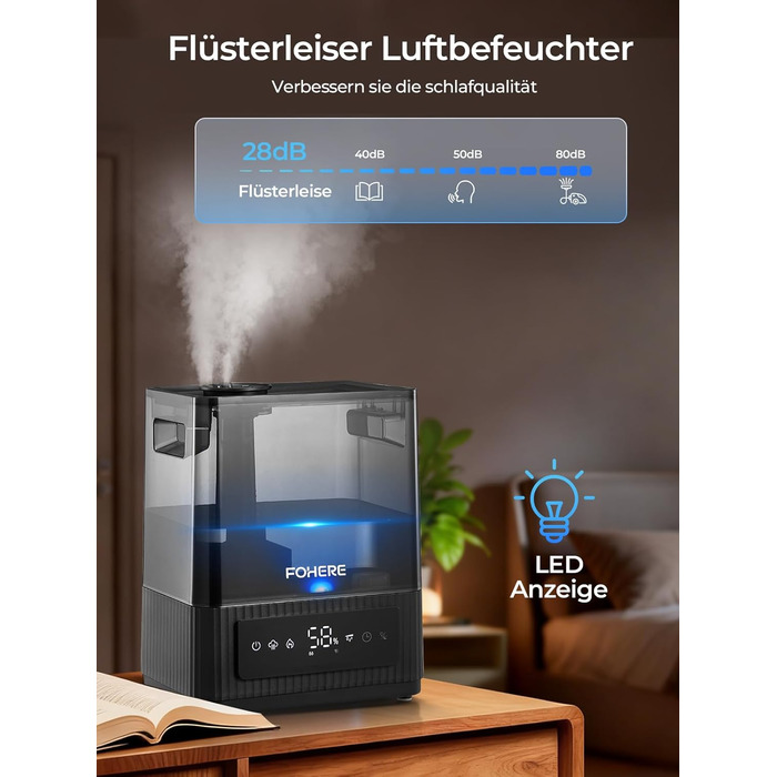 Ультразвуковий зволожувач повітря на 6л для великих кімнат, дитячої та спальні: безшумний холодний випарник з датчиком вологості, аромадифузором та верхнім заповненням, до 60 год роботи