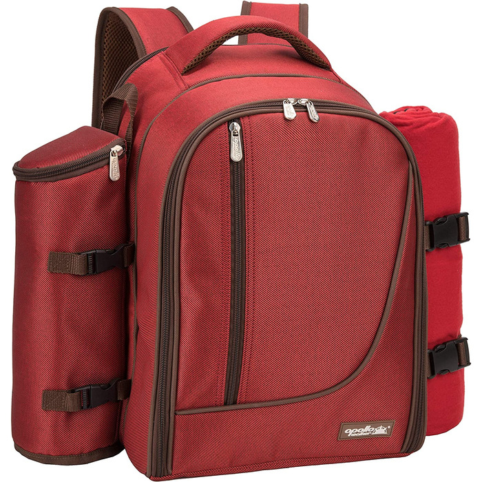 Рюкзак для пікніка на 2 людини, рюкзак для пікніка, сумка-холодильник з набором посуду і ковдрою (червоний-4)