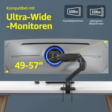 Кріплення для монітора Bewiser: 34-57 дюймів, для широких та вигнутих моніторів, регульоване по висоті, нахил, поворот, газ-амортизатор, VESA 75x75/100x100, чорний