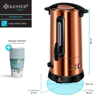 Кесер® Електричний казанок для глінтвейну 10л з нержавіючої сталі, з термостатом, 10 склянок, індикатор рівня, кран, мідний