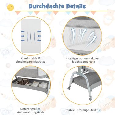 Дитяче ліжко COSTWAY 4-в-1 з москітною сіткою, колір сірий. Ліжко-гойдалка, манеж, колиска та туристичне ліжко з регульованою висотою та сумкою для перенесення. Підходить для малюків до 6 місяців.