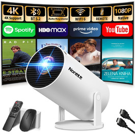 Beamer 4K проєктор: Full HD 1080P, WiFi 6, Bluetooth 5.2, Android, портативний, поворотний 270°, авто-корекція Keystone, для PC/HDMI/USB, з мишкою та пультом, білий