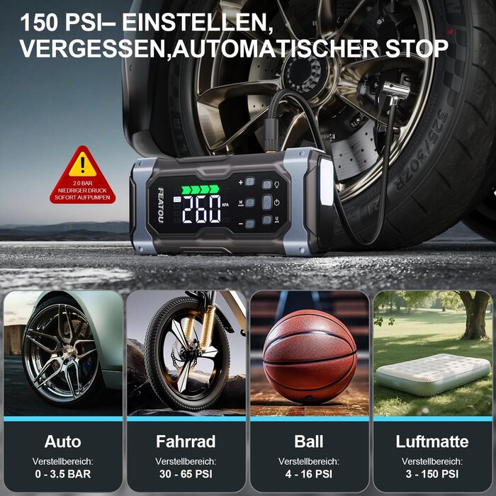 Powerbank з компресором Starthilfe 6500A: акумулятор для автомобіля 12V з повітряним насосом, стартер-бустер (9.0L бензин/8.5L дизель), LED 500 Lumen (чорний), піковий струм 7000A