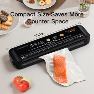 Вакууматор Megawise для продуктів з потужністю 80 кПа, автоматичний вакуумний пакувальник з режимами для сухих та вологих продуктів, чорний, комплект з 10 пакетами та різаком