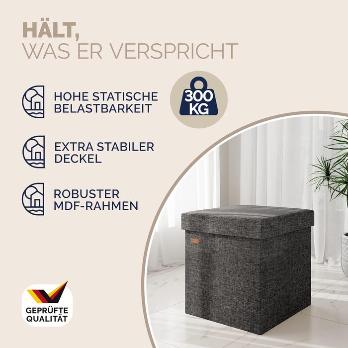 Пуф Casaria® з місцем для зберігання, білий, складний, з кришкою, штучна шкіра, м'який, 38x38 см, для спальні, вітальні, передпокою, білий (2, темно-сірий)