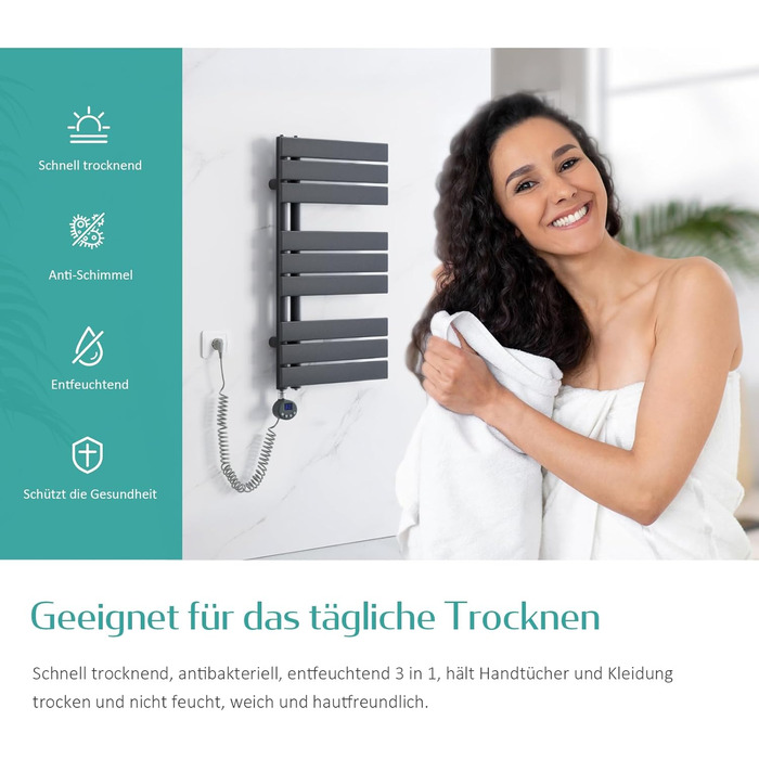 Електричний рушникосушар EMKE з термостатом, 1320x400 мм, 600W, Антрацит