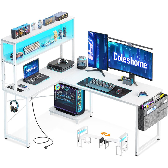 Ігровий стіл Coleshome L-подібної форми з LED-підсвічуванням та розетками, 115x80 см. Реверсивний стіл з полицями для зберігання, ігровий кутовий стіл з сумкою для дому та геймінгу, 110x80 см (135x100 см, Чорний)