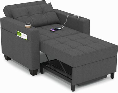 Розкладне крісло-ліжко DURASPACE 99 см, 3-в-1, темно-сіре, з USB, кишенею та підстаканником для малих кімнат