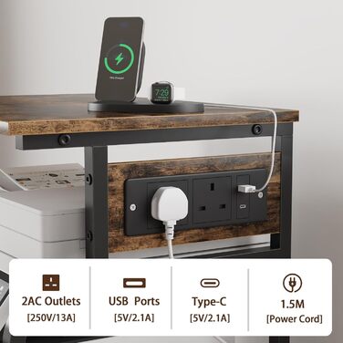 Трьохрівневий стіл для принтера з розеткою та USB-портами, регульовані полиці, роликовий стійка для принтера для дому/офісу, 3D/лазерний принтер, термопрес (Бюстик Браун, 60 см)