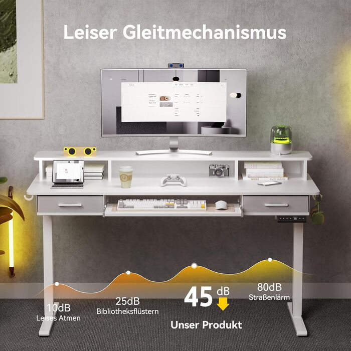 Регульований за висотою стіл WALKINGDESK з електроприводом, 160x60 см. Стіл для дому та офісу з висувними ящиками та підставкою для клавіатури, білий