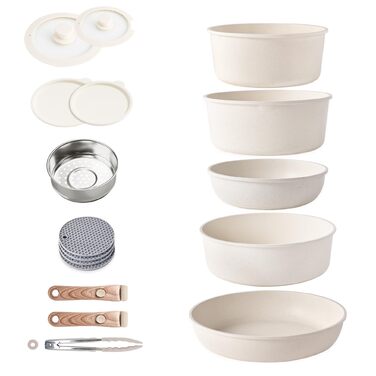 Набір каструль та сковорідок RIOVARM з індукційним дном та знімними ручками, антипригарне гранітне покриття, 16 предметів. Без PFOA.