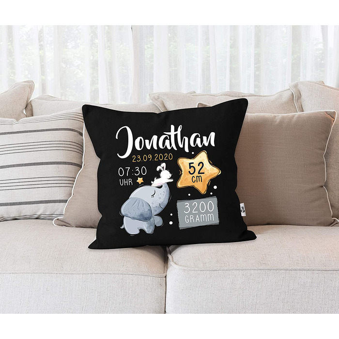 Персоналізована подушка-подушка для новонароджених із зображенням ведмедя, Місяця і зірок, іменна подушка білого кольору (40 см х 40 см, слон і кролик чорного кольору)