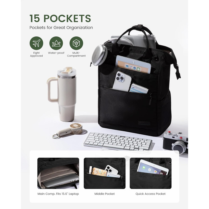 LOVEVOOK Рюкзак для жінок, 15.6 дюймів, рюкзак для школи, підліток, дівчина, велика кишеня для пляшки, велике відкриття, сумка для роботи, шкільний рюкзак, рюкзак для подорожей, універсітету, чорний