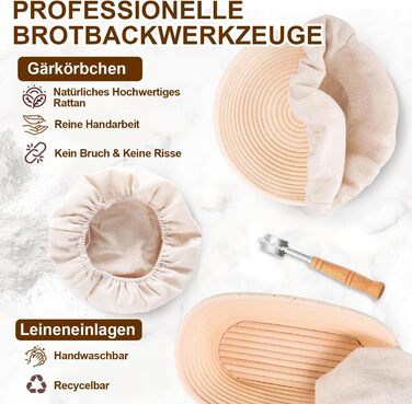 Набір для закваски з 21 елементом: 2 гільзи (23 см круглі, 25 см овальні), скляна тара 900 мл для заквашування, аксесуари для випікання хліба для початківців та професіоналів