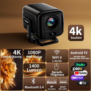 Портативний проєктор Mini Beamer 4K Full HD з 5G WiFi 6, Bluetooth 5.4 та автоматичною корекцією трапецеїдальних спотворень. Підтримка USB/Laptop/PC, з мишкою та пультом дистанційного керування. Чорний (Black-1)