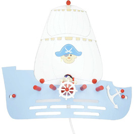 Настінна лампа Elobra із зображенням піратського корабля, дерев'яна лампа для дитячої кімнати, дитяча лампа з вітрилами, піратами і розеткою E27 для хлопчиків (Світло-блакитний)