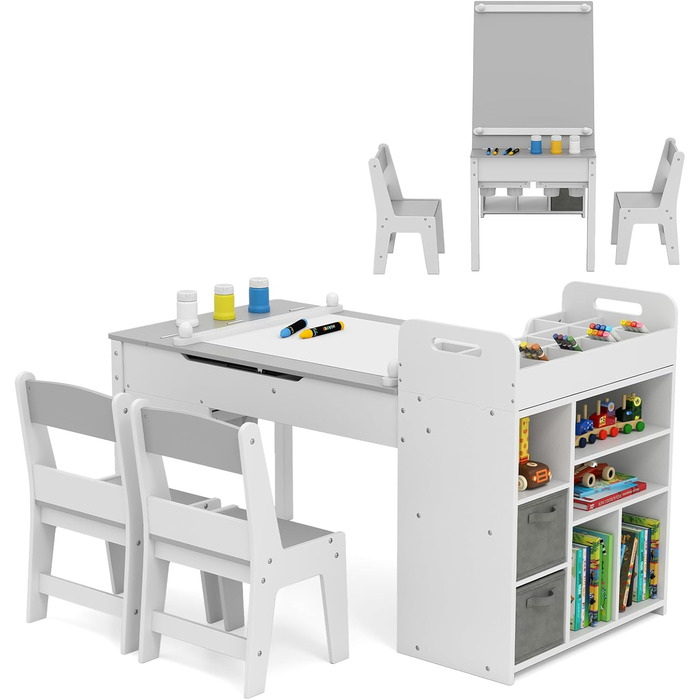 Дитячий стіл COSTWAY 3 в 1 з 2 стільцями, мольберт, органайзер, сірий (120x60x60 см)