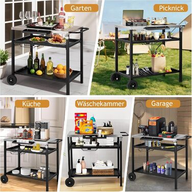 Гриль-візок LEADZM: гриль-стіл для вулиці, 95 x 45 x 83 см, стіл з нержавіючої сталі срібного кольору, на колесах, мобільний, сервісний візок для садів, чорний (97x51x83 см)