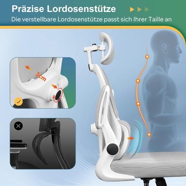 Офісне крісло Devaise Ergonomічне, з підтримкою попереку, 3D-підголівник, регульовані підлокітники, дихаюча сітка спинки, функція гойдання, для офісу та дому, до 150 кг, сірого кольору