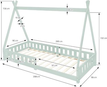 Дитяче ліжко ML-Design Teampee із захистом від падіння з висоти та рейковим каркасом, Сосна, Індійське Ліжко з масиву дерева для дівчаток та хлопчиків, Ліжко-будиночок з огорожею Дитячий будиночок Молодіжне ліжко-намет (90x200 см з матрацом (В 16 см), М'я