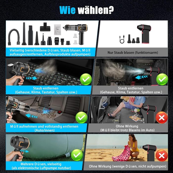 Акумуляторний ручний пилосмок для авто та дому 23000Па, міні-пилосмок з функцією продувки та насоса, 6000mAh, чорно-золотий