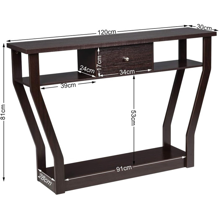 Консольний стіл COSTWAY з ящиком і полицею, дерево, 120x30x81 см, для передпокою, вітальні, спальні (коричневий)