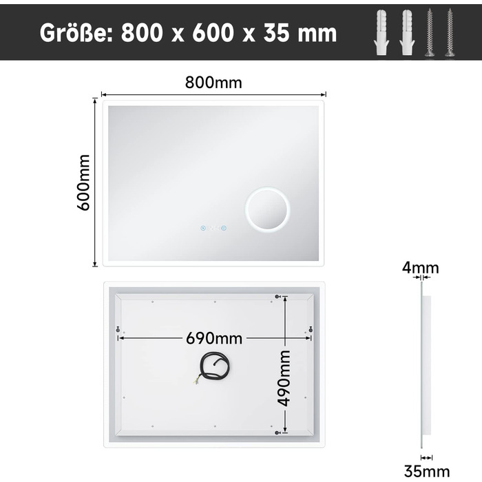 Дзеркало для ванної кімнати SONNI з підсвічуванням 80x60 см, 3 кольори світла, проти запотівання, LED, сенсорне керування, годинник, температура, 3-кратне збільшення