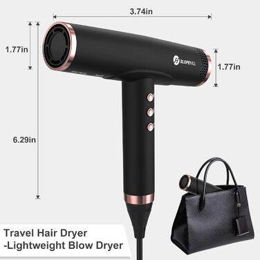 Іонний фен для волосся Slopehill з безщітковим двигуном 110,000 RPM, біокерамічний технологічний обдув, магнітний дифузор, низький рівень шуму, матовий чорний