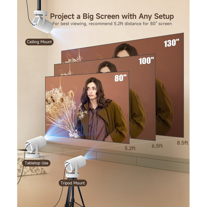 Міні проєктор Beamer 4K Android 11 Smart з автофокусом, WiFi 6, BT 5.0, Full HD 1080P, 260 ANSI, корекція трапецеїдальних спотворень, 5W динамік