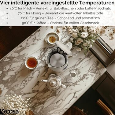 Електрочайник Ecosa® зі скляною колбою та регулюванням температури, 1.7 л, 2200 Вт, не містить BPA, з підігрівом та LED-підсвічуванням (Woldo White)