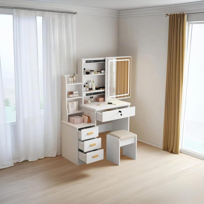 Трюмо YuYe з LED-підсвічуванням, регульованою яскравістю, дзеркалом, пуфом, 5 шухлядами та 3 полицями, сучасний комод для макіяжу з дерева, білий (125)
