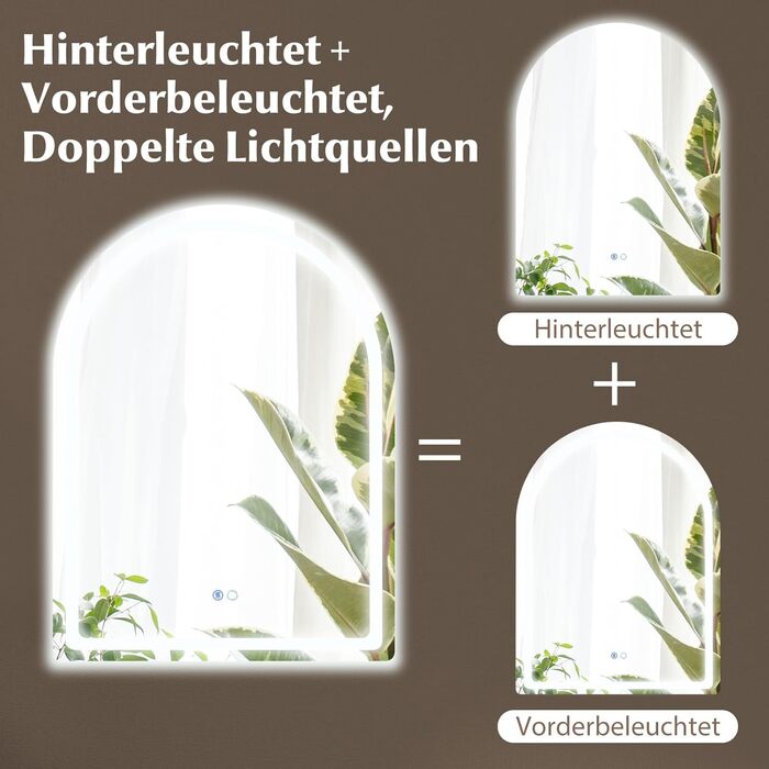 Дзеркало для ванної кімнати RELAX4LIFE з підсвіткою, настінне, напівкругле, 80 x 60 см, LED, сенсорне керування, функція пам'яті, запобігання запотіванню, без рами, 3 кольори світла, регулювання яскравості