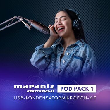 Мікрофон конденсаторний Marantz Professional MPM-1000U з великою мембраною, USB, з нирковим характером для подкастів, студії, геймінгу, з кабелем USB та кліпсою для мікрофона (Pod Pack 1)