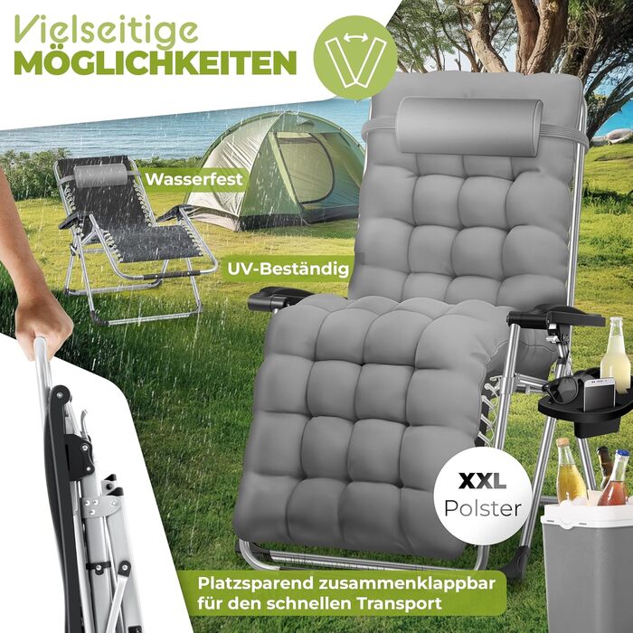 Шезлонг KESSER® для саду, розкладний, вологостійкий, 200 кг, з подушкою, регульована спинка, підголовник та тримач для напоїв, сірий