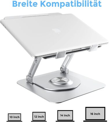 Підставка для ноутбука з регулюванням висоти та поворотним основанням, алюмінієва, для столу (срібна)