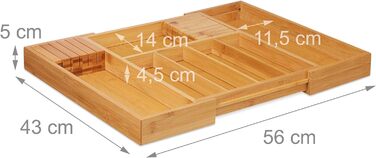 Лоток для столових приборів Relaxdays бамбуковий, висувний, 2 блоки для ножів, вставка в шухляду, HBT 5x56x43 см, натуральний