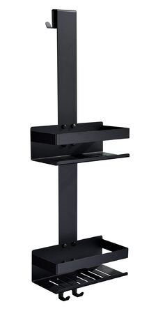 Настінна полиця для душу з 2 ярусами, чорного кольору, з нержавіючої сталі SUS304, з гачками, для скляних душових кабін