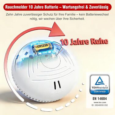 Набір димових сповіщувачів DAYTECH (6 шт.) з батареєю на 10 років, магнітним кріпленням, сертифікацією TÜV Rheinland, 85dB, тестуванням/вимкненням звуку, для спалень та дитячих кімнат – білий