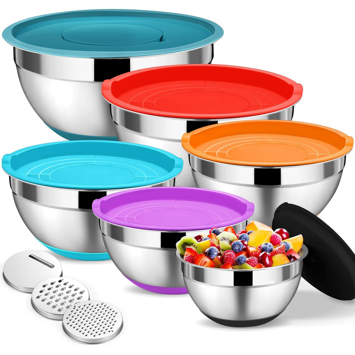 Набір мисок Onader з нержавіючої сталі: салатники з кришкою та 3 терками для кухні. Об'єм: 4л, 2.8л, 2.5л, 1л, 1.2л, 0.7л. Складається з 6 мисок, можна складати та мити в посудомийній машині.