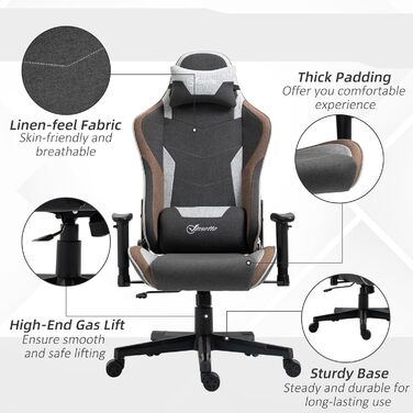 Крісло ігрове Vinsetto Ergonomic з регулюванням висоти, підголівником та підтримкою попереку, сірий