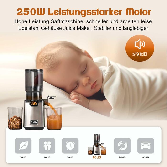 Електрична холодний соковичавниця Fretta Slow Juicer з нержавіючої сталі, 250W, з функцією реверсу, BPA Free