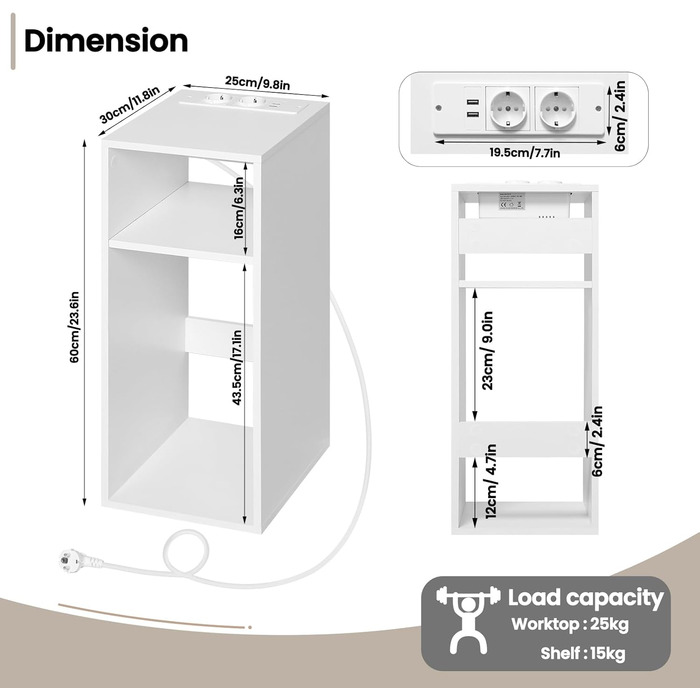 Тумбочка WOLTU з функцією зарядки, 2 розетки, 2 USB, місце для зберігання, 2 відділення, 25x60x30 см, білий